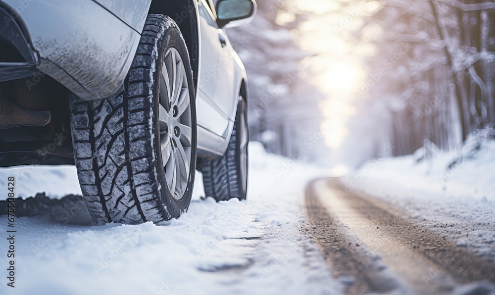 Winter tire. SUV car on snow road. Tires on snowy highway detail. close up view. Space for text. The concept of family travel to a ski resort. Winter or spring holidays adventures