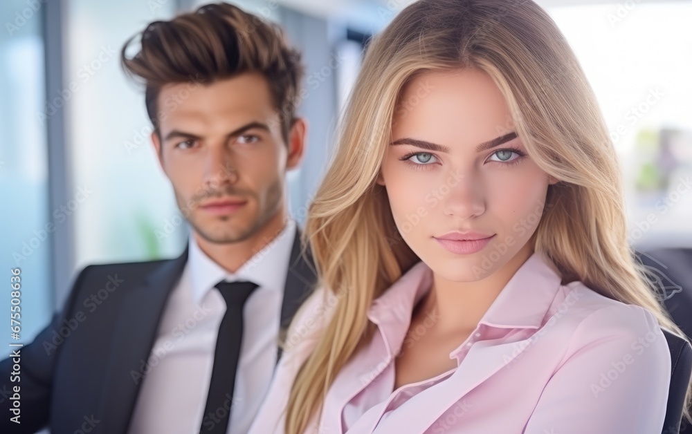 A handsome businessman and a beautiful businesswoman. Love vibe couple. A handsome businessman and a beautiful businesswoman. Love vibe couple.
