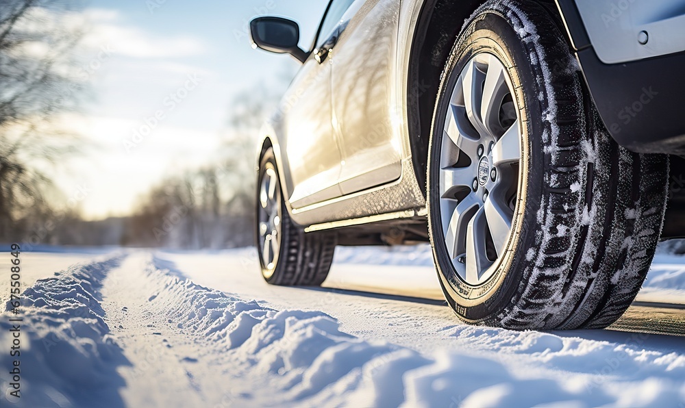 Winter tire. SUV car on snow road. Tires on snowy highway detail. close up view. Space for text. The concept of family travel to a ski resort. Winter or spring holidays adventures - obrazy, fototapety, plakaty 