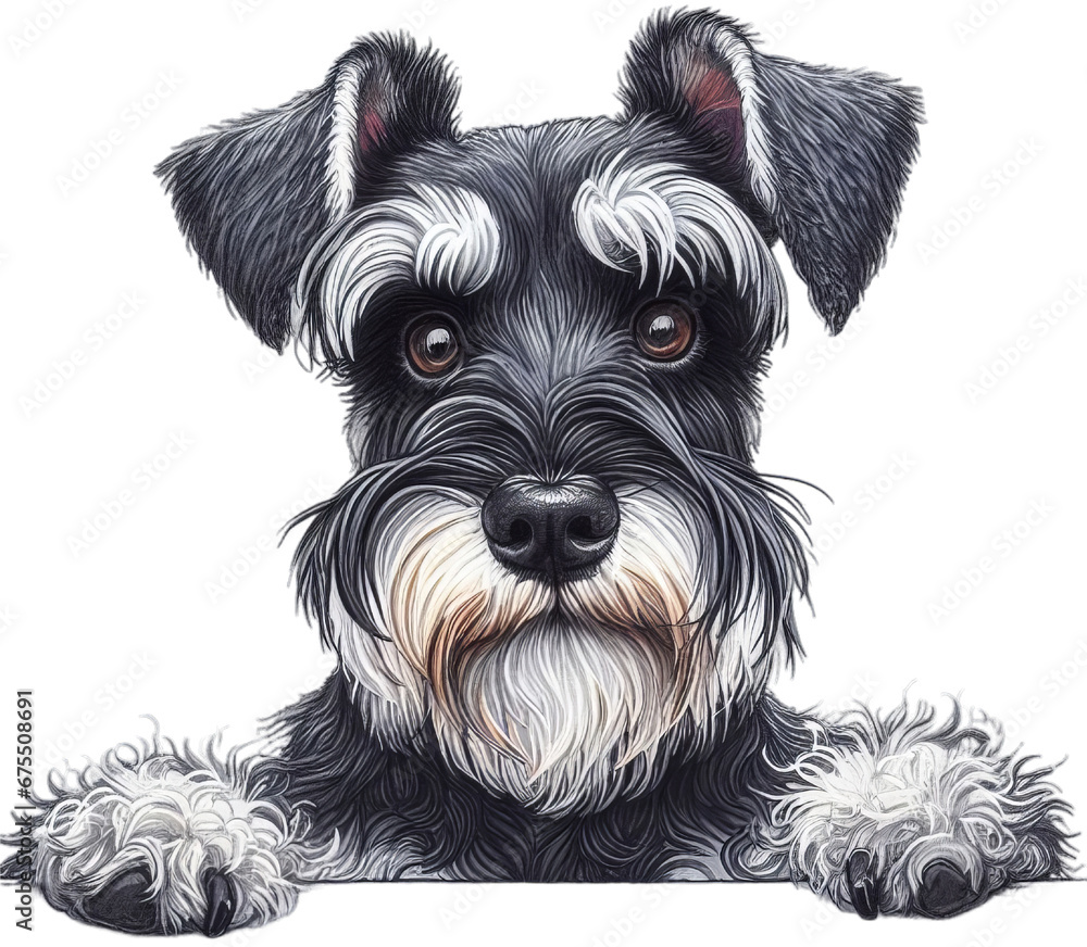 Whiskered Wonder: Enchanting Watercolor Schnauzer Peeking Illustration, Playful Dog Art with Intricate Details and Adorable Charm