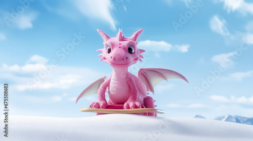 Cheerful pink cartoon dragon on a snowboard in winter with blue sky and copy space. Symbol of 2024.