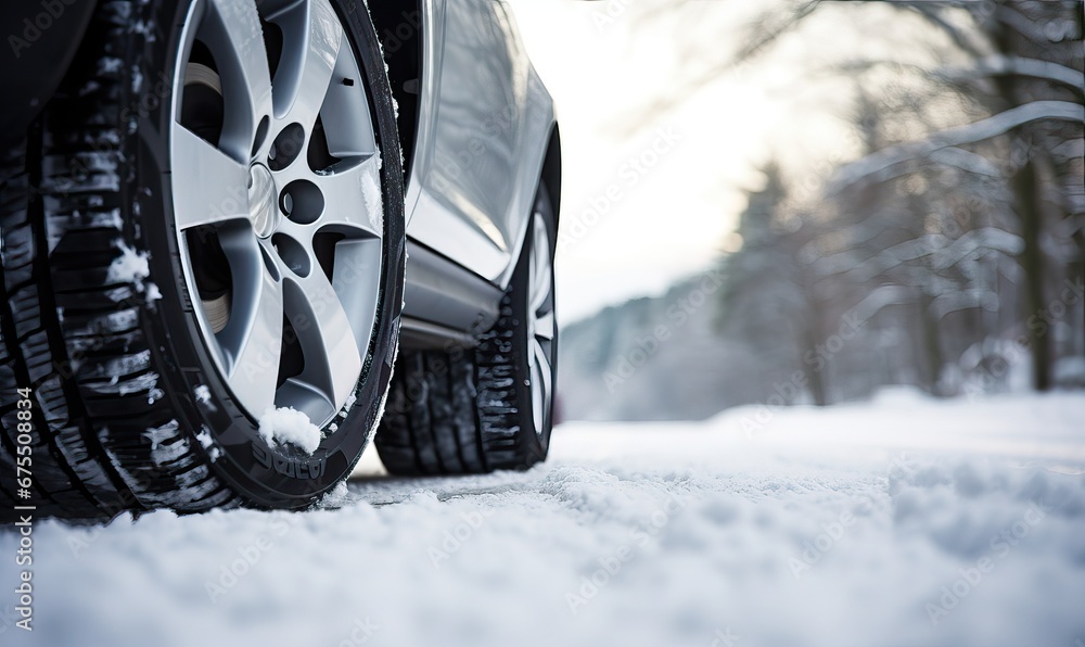 Winter tire. SUV car on snow road. Tires on snowy highway detail. close up view. Space for text. The concept of family travel to a ski resort. Winter or spring holidays adventures