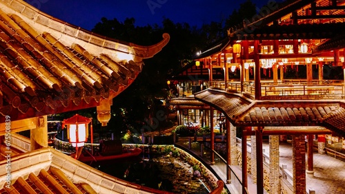a night view of the architecture of Gankeng Hakka town