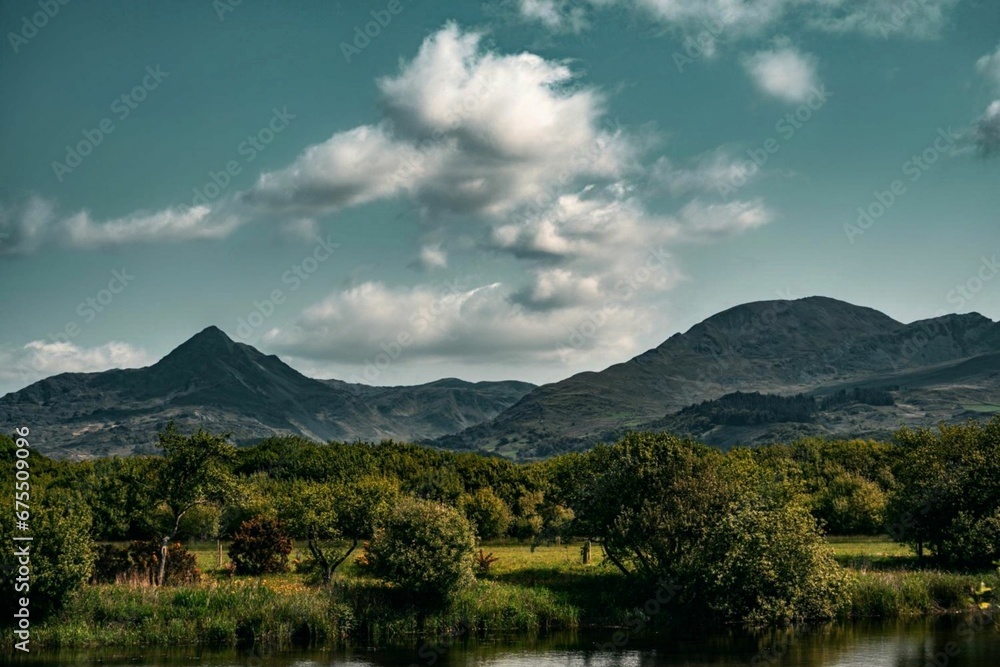 Scenic view of Snowdon mountain against the background of a blue sky. Wales, UK.