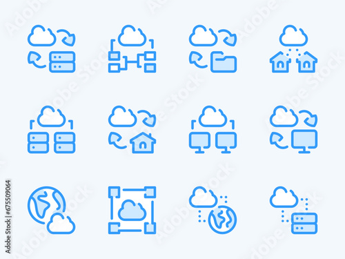 Cloud Computing Connection vector line icons. Data Transfer and Online Storage Preferences outline icon set. Worldwide Server, Synchronization, Send Data, Hosting and more.