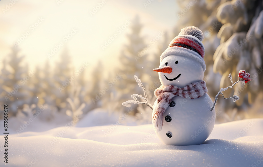 Fototapeta premium Christmas winter background with snowman and blurred bokeh. Merry christmas and happy new year greeting card with space for text.