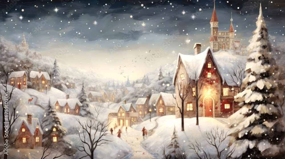 Naklejka premium Winter Christmas illustration with old town, Magical Holiday Charm, Snowy street, horizontal banner, New Year or Christmas Card