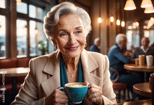 Portrait Senior white haired woman sitting at cafe table holding a coffee and milk glass, elderly lady in casual dress smiling positive. Elderly good looking woman drinking coffee