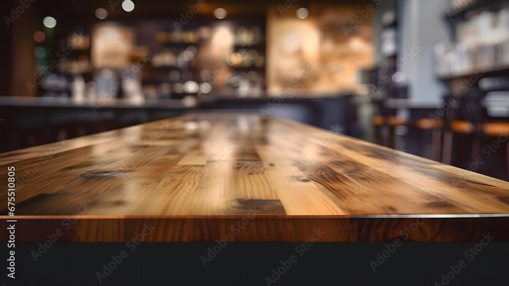 Wood table on blur of cafe, coffee shop, bar background high resolution Wood table on blur of cafe, coffee shop, bar background high resolution