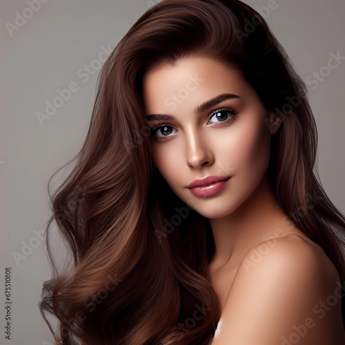 Beautiful young woman with long brown hair. Closeup portrait. Natural beauty concept.
