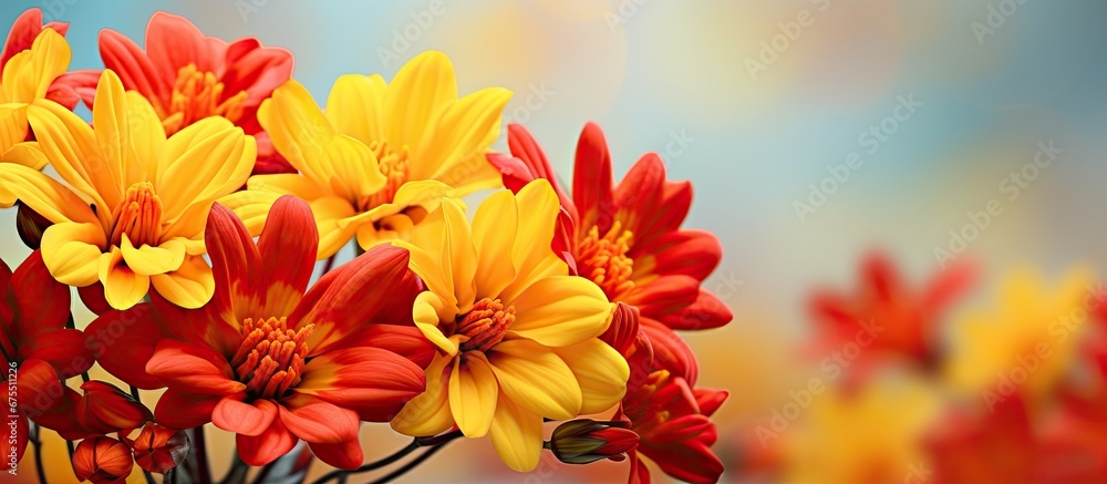 Fototapeta premium In the beautiful background of nature s spring day a gift of floral beauty blooms with vibrant red flowers and colorful petals creating a vision of a stunning yellow plant