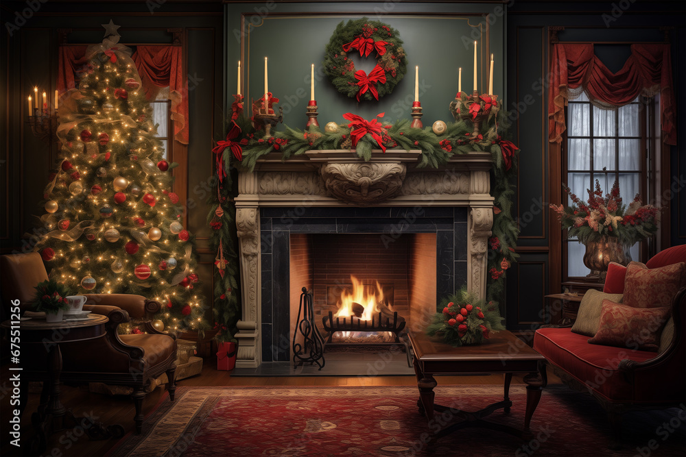 A festively decorated Christmas tree stands beside a crackling fireplace, adorned with colorful ornaments and twinkling lights. The room exudes the enchanting ambiance of the holiday season.