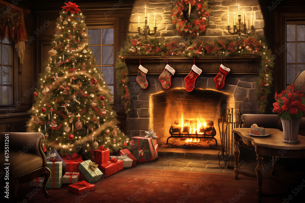 A festively decorated Christmas tree stands beside a crackling fireplace, adorned with colorful ornaments and twinkling lights. The room exudes the enchanting ambiance of the holiday season.