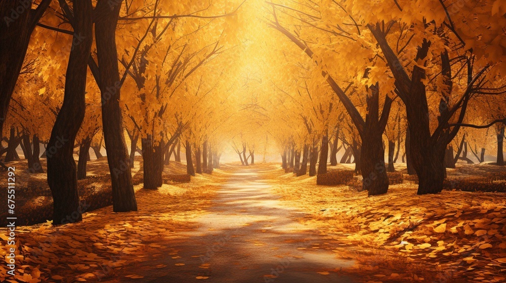 Autumn alley with beautiful golden colors and leaves 