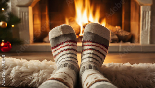 Feet in woollen socks by the Christmas fireplace photo