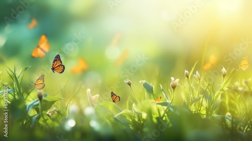 abstract natural background with butterflies and green grass