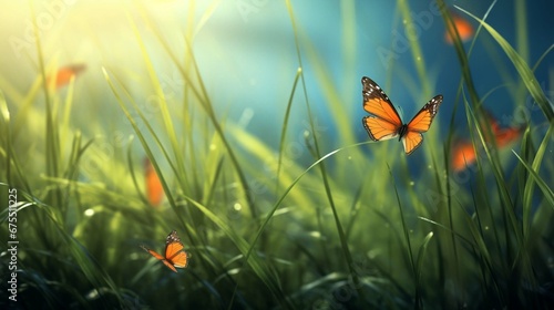abstract natural background with butterflies and green grass © Esha