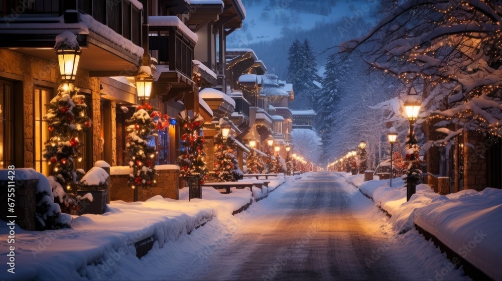 Dreamy Winter Nights: Colorado Christmas Lights Illuminate the Streets of Vail Town.