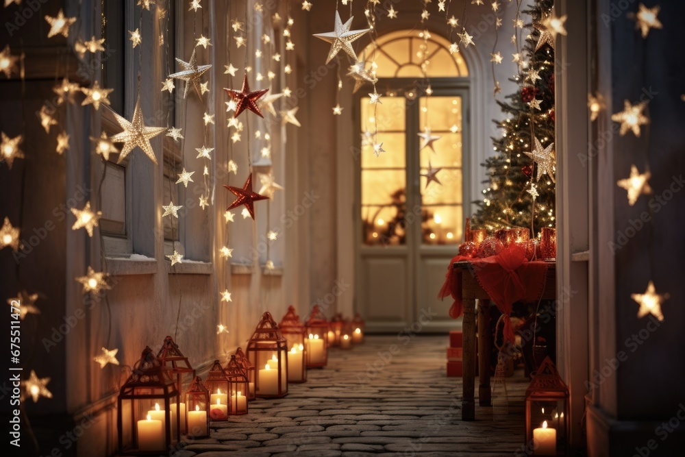 Festive Christmas Decorations Adorned Hallway of Illuminated Home with Lit Star