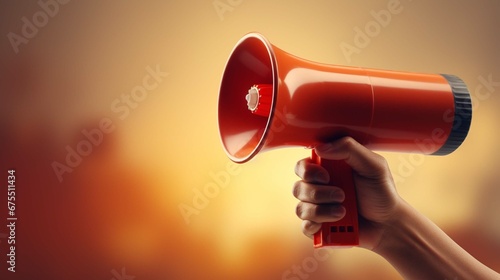 Close up of man hand hold loudspeaker advertise good sale deal or discount or news. Picture on one-tone background © Esha