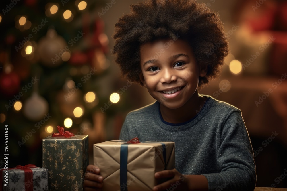 Joyful Christmas: Black Boy Opens Present with a Smile | Unpacking Holiday Joy with a Dark-Skinned Child Joyful Christmas: Black Boy Opens Present with a Smile | Unpacking Holiday Joy with a Dark-Skinned Child