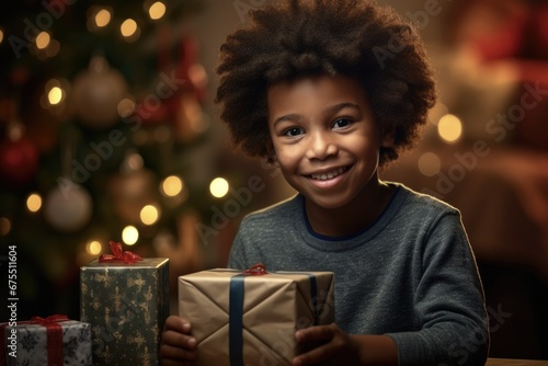 Joyful Christmas: Black Boy Opens Present with a Smile   Unpacking Holiday Joy with a Dark-Skinned Child © AIGen