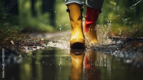 feet in rubber boots rain puddle, fun in the rain,