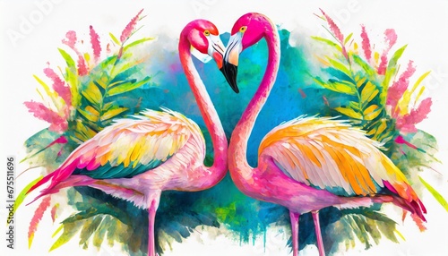 Colorful flamingo birds hugging in a pond painting, watercolor style background