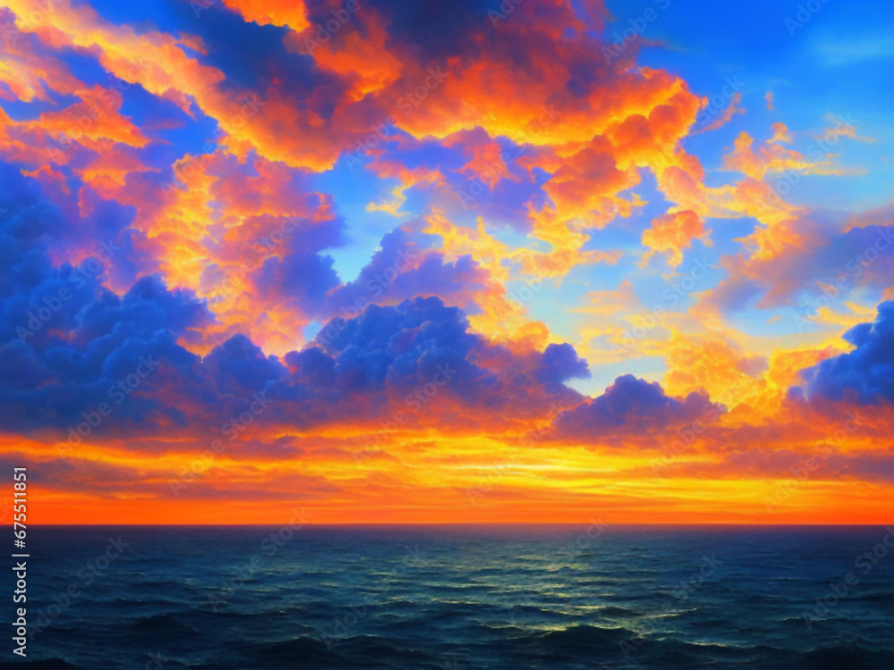 Beautiful sunset sky above clouds with dramatic light. Yellow, orange, red clouds above the horizon. Beautiful evening sky landscape. Sunset over the sea. Generated by artificial intelligence.