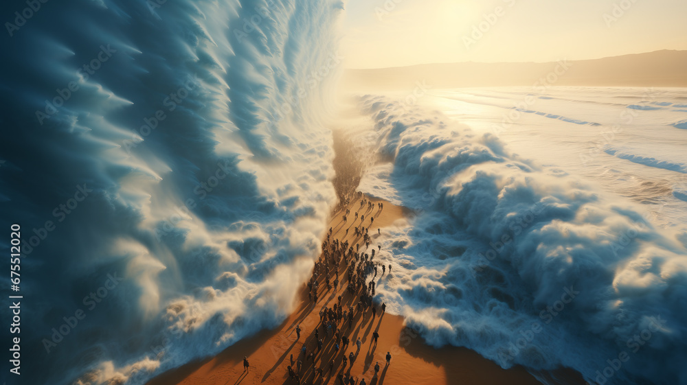 Ocean separate up to form canal. Bible miracle of Moses parting red sea for passage - obrazy, fototapety, plakaty 