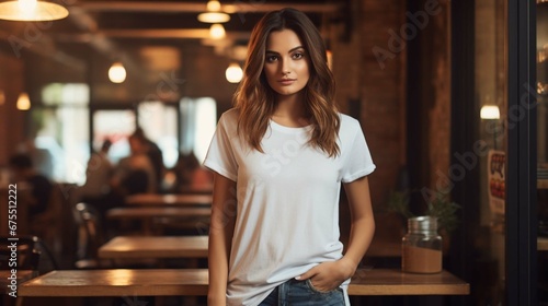 Hipster girl wearing blank white t-shirt and jeans posing against the backdrop of a café, minimalist urban clothing style, mockup for t-shirt print store