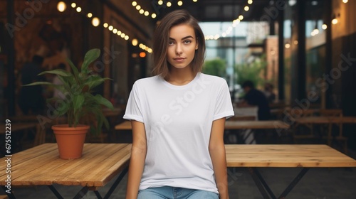 Hipster girl wearing blank white t-shirt and jeans posing against the backdrop of a café, minimalist urban clothing style, mockup for t-shirt print store photo