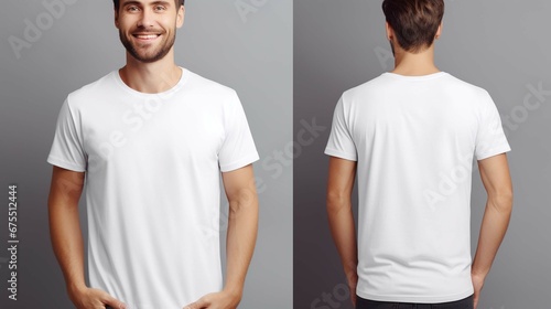 portrait of a happy man with hands in pocket and white mock up t shirt 