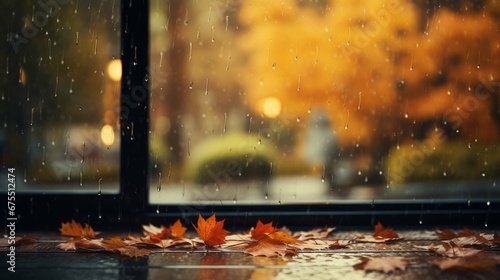 Rainy day with autumn leaves on window glass outdoor. Concept of fall season. 