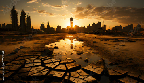 A catastrophic looking sunset over a desolate, drought-stricken landscape with a city backdrop. photo