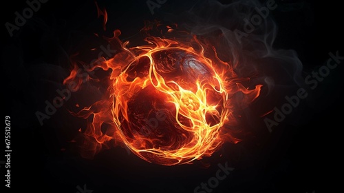 The ball of fire appears almost suspended in the darkness, its flames illuminating the blackness around it with a fiery glow.