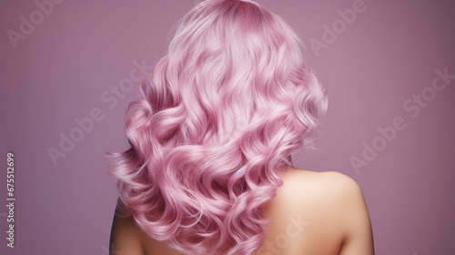 trendy women's hair styling blonde large curls. girl in profile with professional hair styling, back view. Pink shades 