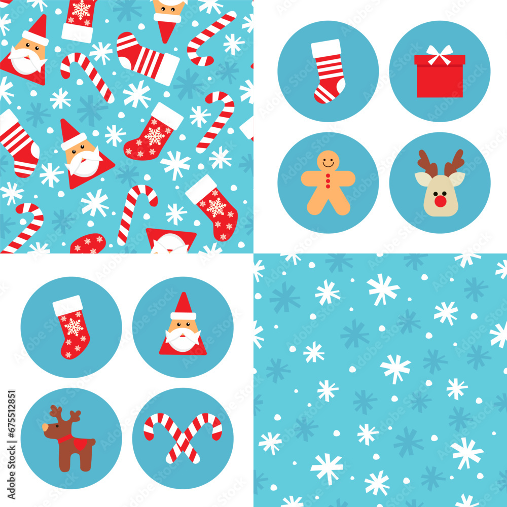 Set vector seamless pattern with Santa Claus, candy, Christmas socks, snowflakes of Happy New Year and Christmas Day. Set of winter Christmas, wreaths, design elements deer, gingerbread man, gift.