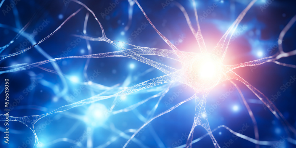 Nerve cell blue color banner, system neuron of brain with synapses. Medicine biology background Nerve cell blue color banner, system neuron of brain with synapses. Medicine biology background
