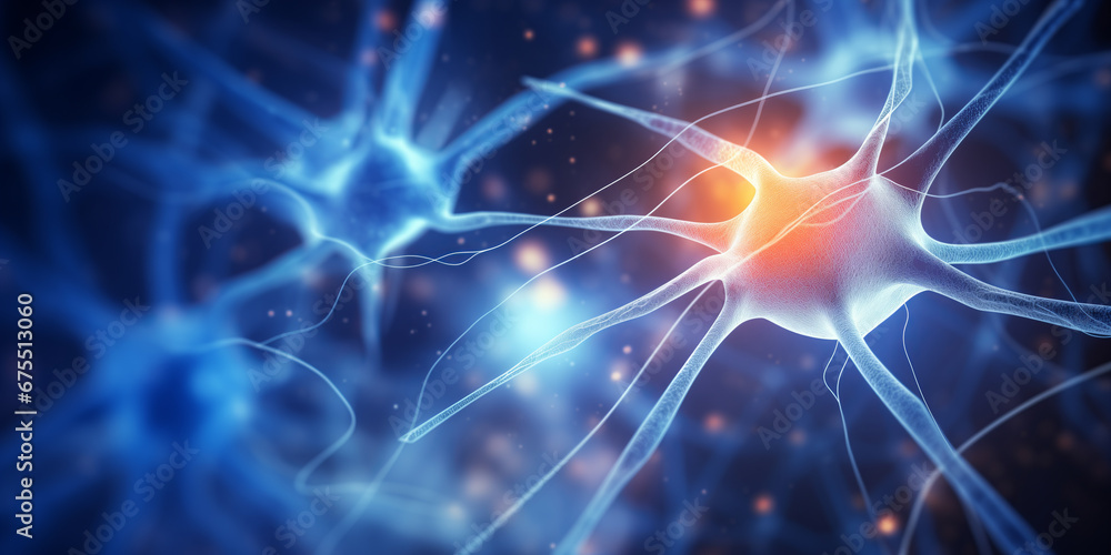 Nerve cell blue color banner with sun light, system neuron of brain with synapses. Medicine biology background