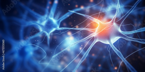 Nerve cell blue color banner with sun light, system neuron of brain with synapses. Medicine biology background