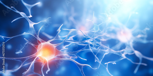 Nerve cell blue color banner with sun light, system neuron of brain with synapses. Medicine biology background