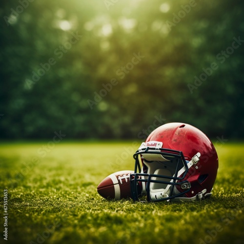 football helmet and football on grass and stadium with copy space. Made with generative ai © Shehriyar