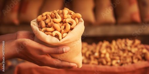 Hands with cashews in burlap sack on wooden surface. Sack full of nuts prepared for easy snack bag. Consuming local commerce in small businesses and cooperatives that produce organic foods. photo