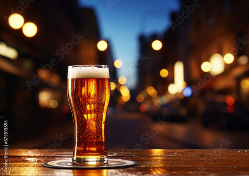 Glass of cold craft lager beer with night city view.Macro.AI Generative.