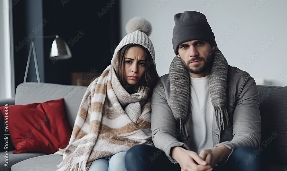 Couple wrapped up warm with coat scarf and hat sat on a sofa indoors, trying to keep warm in winter, It's cold in the house in winter. freezing, fever or trouble with heating. Couple wrapped up warm with coat scarf and hat sat on a sofa indoors, trying to keep warm in winter, It's cold in the house in winter. freezing, fever or trouble with heating.