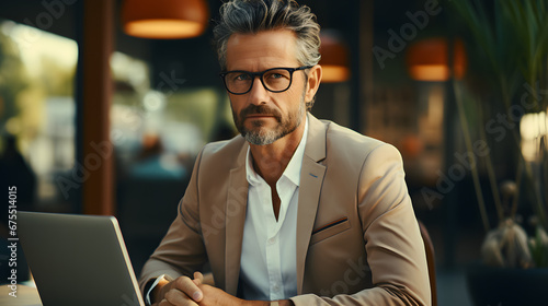 Busy middle aged executive, mature male hr manager holding documents using laptop looking at pc in office at desk, thinking over financial data report feeing doubt about market assets investment risk