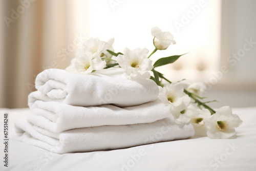 The close up detail of a neatly flooded white bath towel placed on a bed near the flower vase in a hotel room. Generative AI.