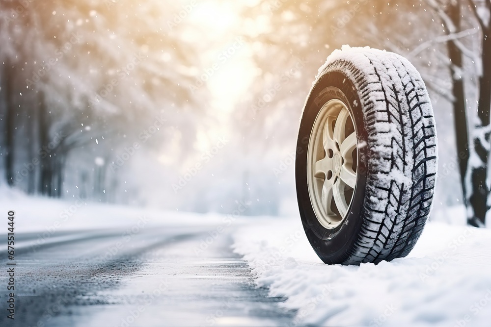 Brand new winter car tires showcased against a snowy road backdrop. cy Journey, Wheel winter tires ready for winter with snow and all difficult weather conditions - obrazy, fototapety, plakaty 
