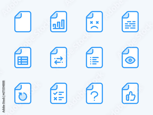 Document and File type vector line icons. Data and File Configurations outline icon set. Spreadsheet, List, Test, Report, Planner and more.